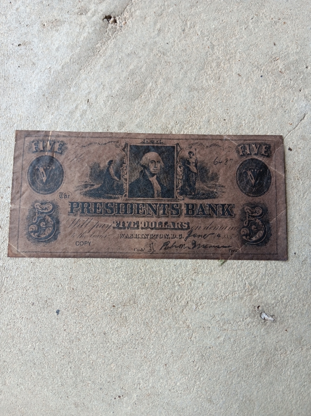 1852 George Washington Presidents Bank Five Dollar Bill Promotion Copy